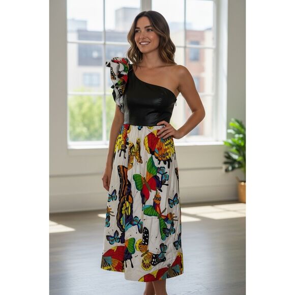 Blair Woolverton Size 6 Puff Shoulder One Sleeve Maxi Dress Butterfly Print Bold - Picture 1 of 12
